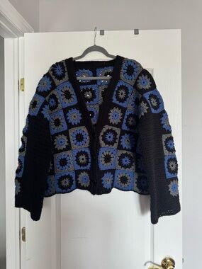 Hand Crafted Black Crochet Patchwork Cardigan with Blue and Gray Motifs. Ptp 27